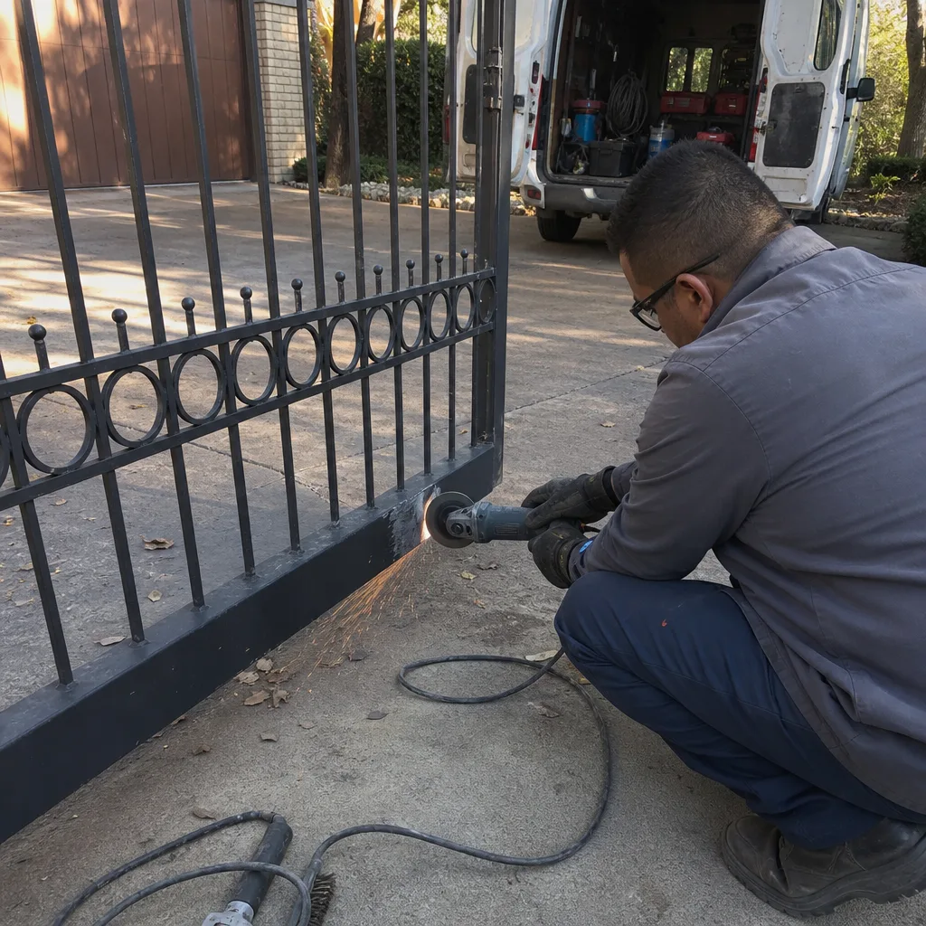 Technician using an angle grinder for metal gate repair services